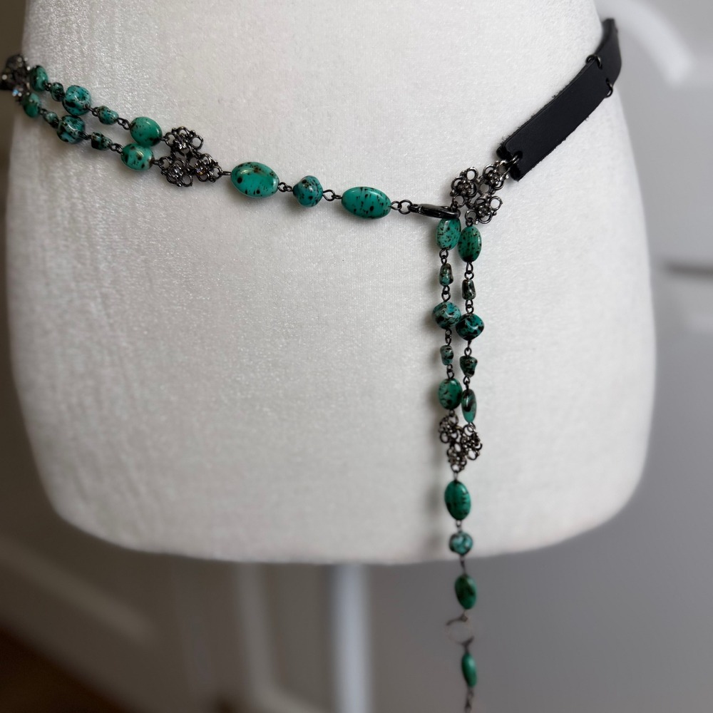 Turquoise Stone Black Leather Chain Belt Rhinestone Drop Size M/L - Picture 12 of 15